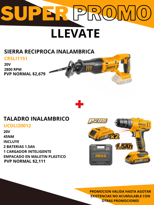 Combo Sierra reciproca inalanbrica + Taladro inalambrico 20V